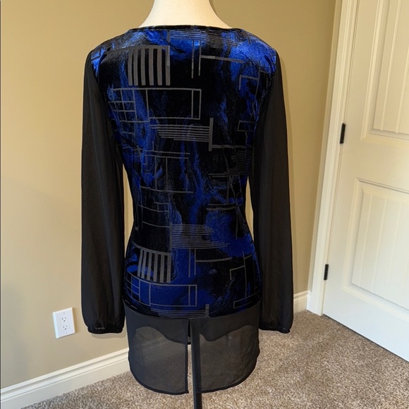 Edit by Jeanne Beker Sweater Velour Sheer Black Blue Geometric Crew Neck Sz M - Picture 7 of 11